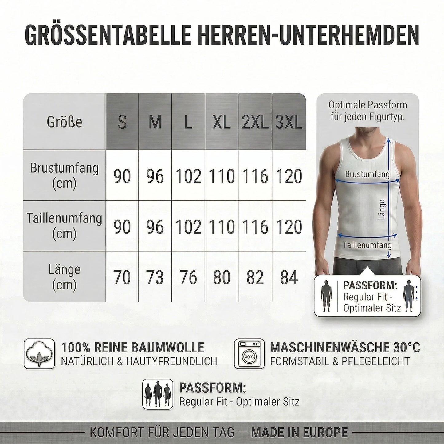 8er Pack Herren Unterhemd Feinripp Tank-Top 100% Baumwolle Premium Qualität Weiß