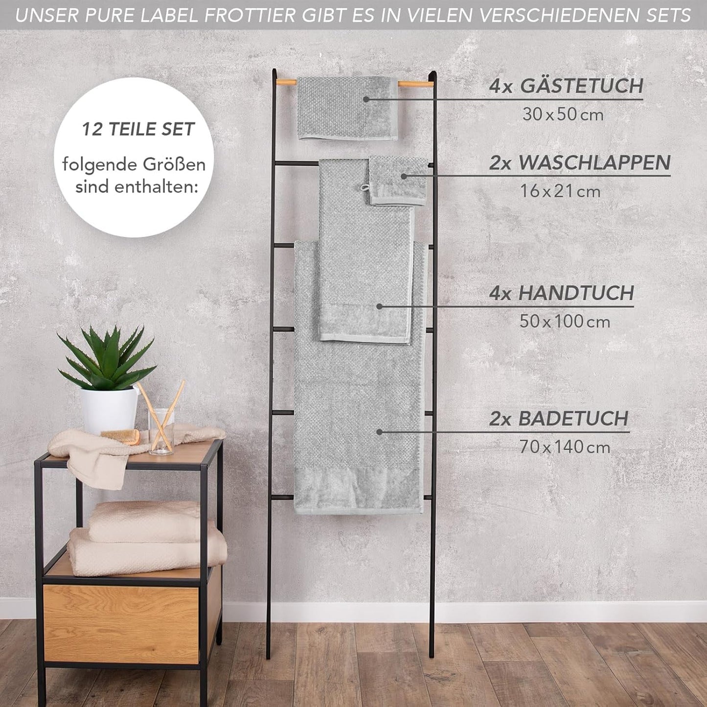 Handtücher Set aus 100% Baumwolle, saugstark und weich - 2X Badetuch (70x140 cm) 4X Handtuch (50x100cm) 4X Gästetuch (30x50 cm) 2X Waschlappen (16x21 cm) - 12.TLG