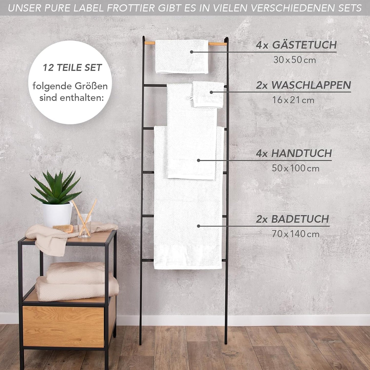 Handtücher Set aus 100% Baumwolle, saugstark und weich - 2X Badetuch (70x140 cm) 4X Handtuch (50x100cm) 4X Gästetuch (30x50 cm) 2X Waschlappen (16x21 cm) - 12.TLG