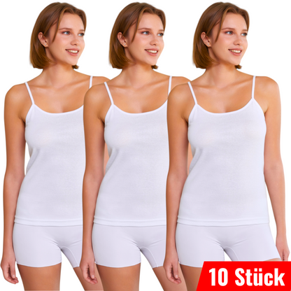 10er Pack Damen Unterhemd Spaghettiträger Feinripp 100% Baumwolle Größe S-3XL