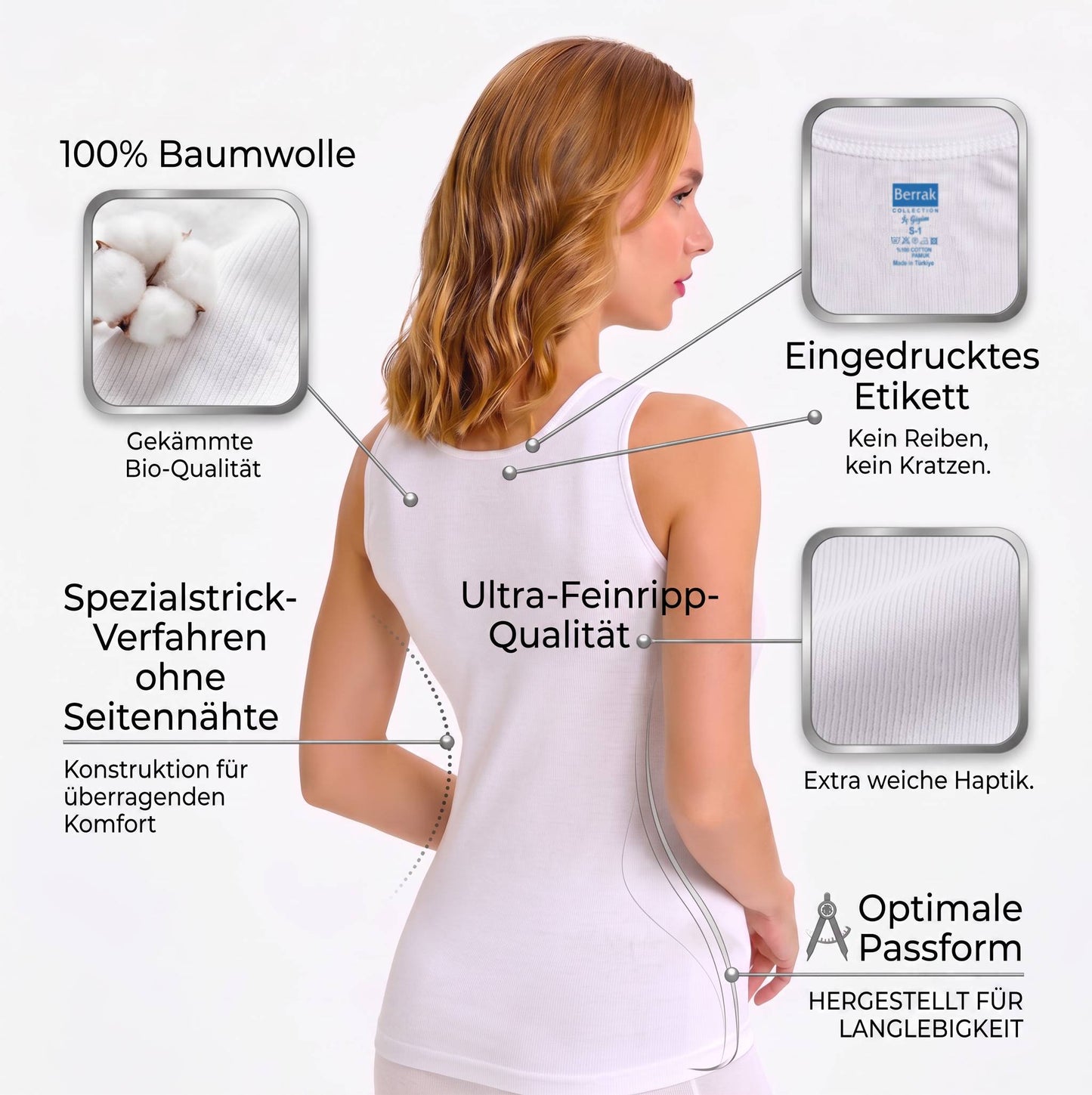 5er Damen Unterhemd Achselhemd Tank-Top Feinripp 100% Baumwolle Weiß Größe S bis 3XL