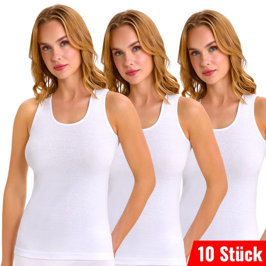 10er Damen Unterhemd Achselhemd Tank-Top Feinripp 100% Baumwolle Weiß Größe S bis 3XL